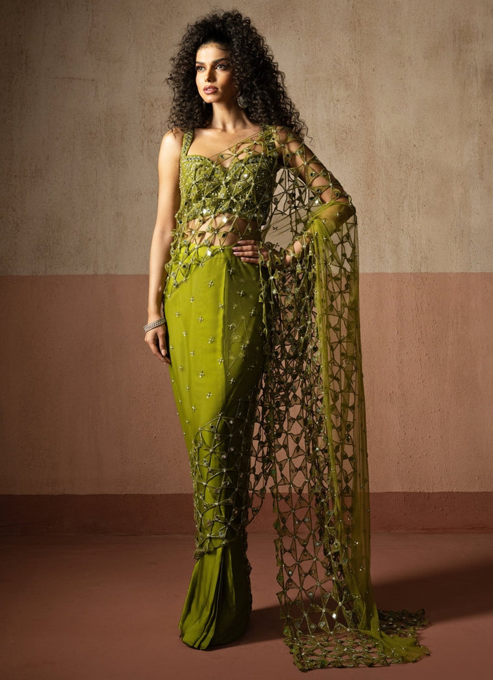 Mehendi Green Pre Draped Georgette Jaalwork Saree Quench A Thirst - Fabilicious Fashion