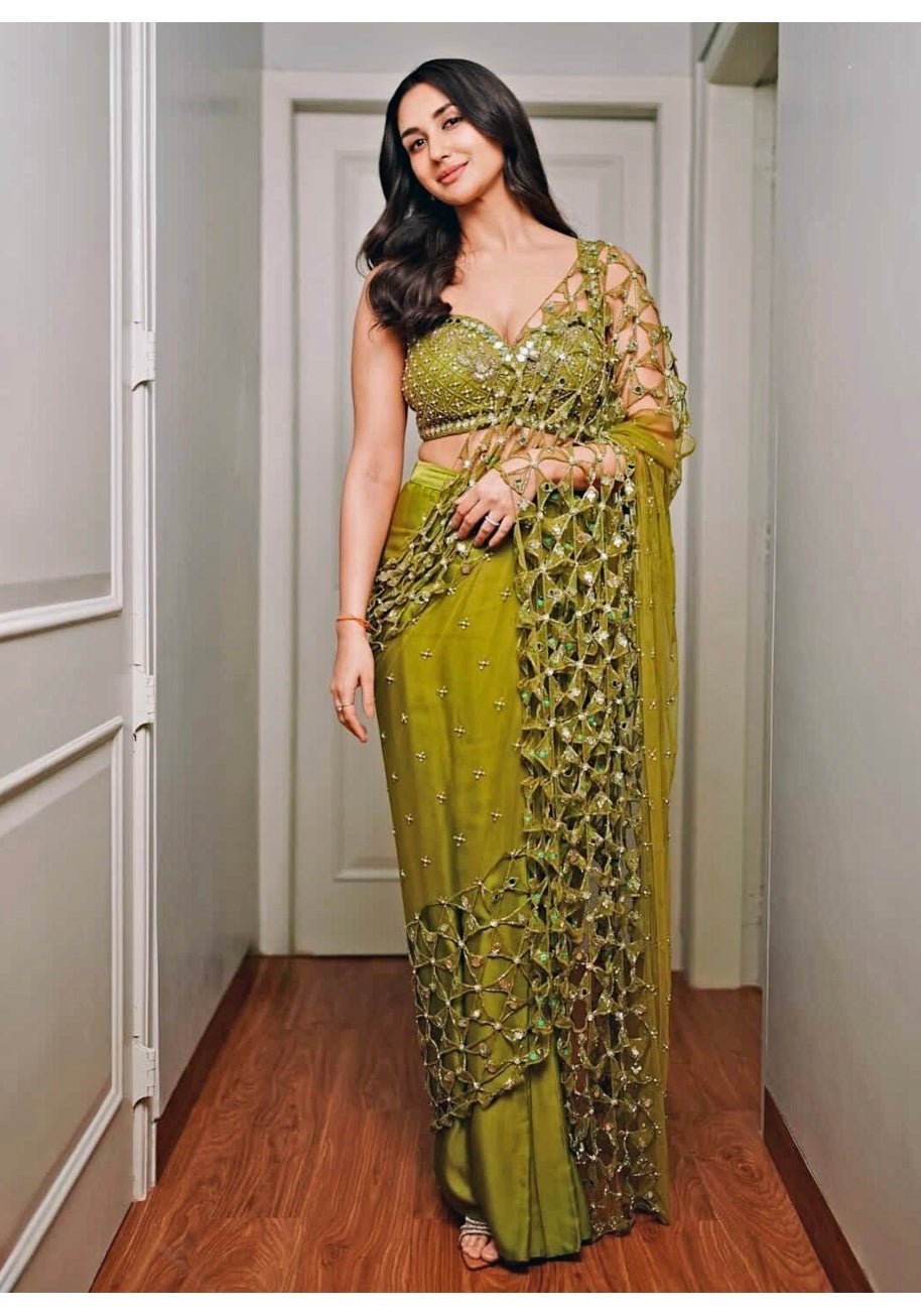 Mehendi Green Pre Draped Georgette Jaalwork Saree Quench A Thirst - Fabilicious Fashion