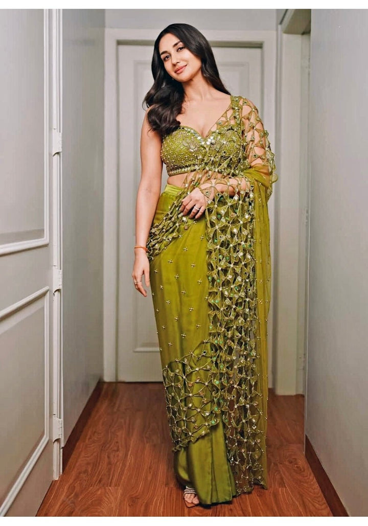 Mehendi Green Pre Draped Georgette Jaalwork Saree Quench A Thirst - Fabilicious Fashion