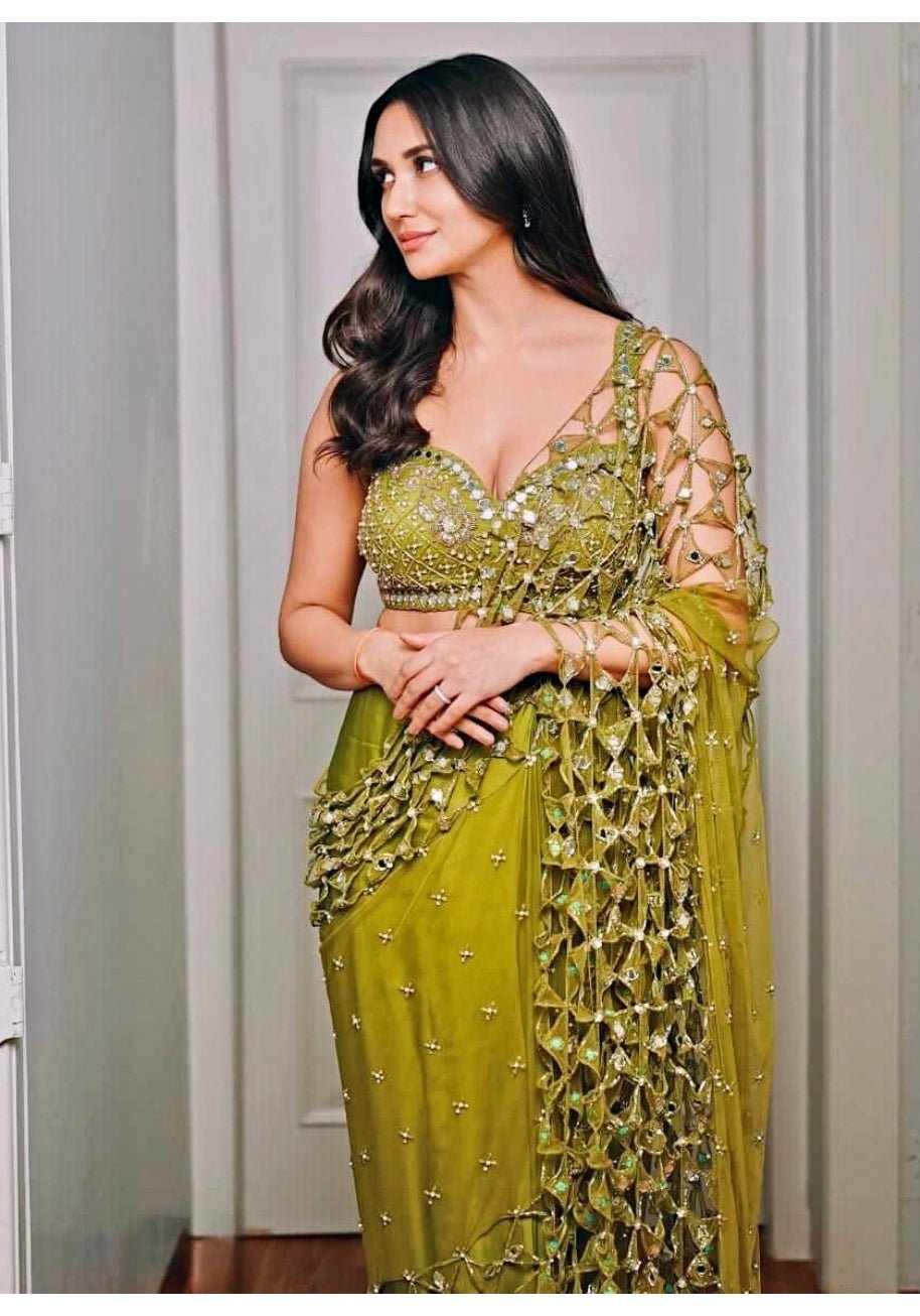 Mehendi Green Pre Draped Georgette Jaalwork Saree Quench A Thirst - Fabilicious Fashion