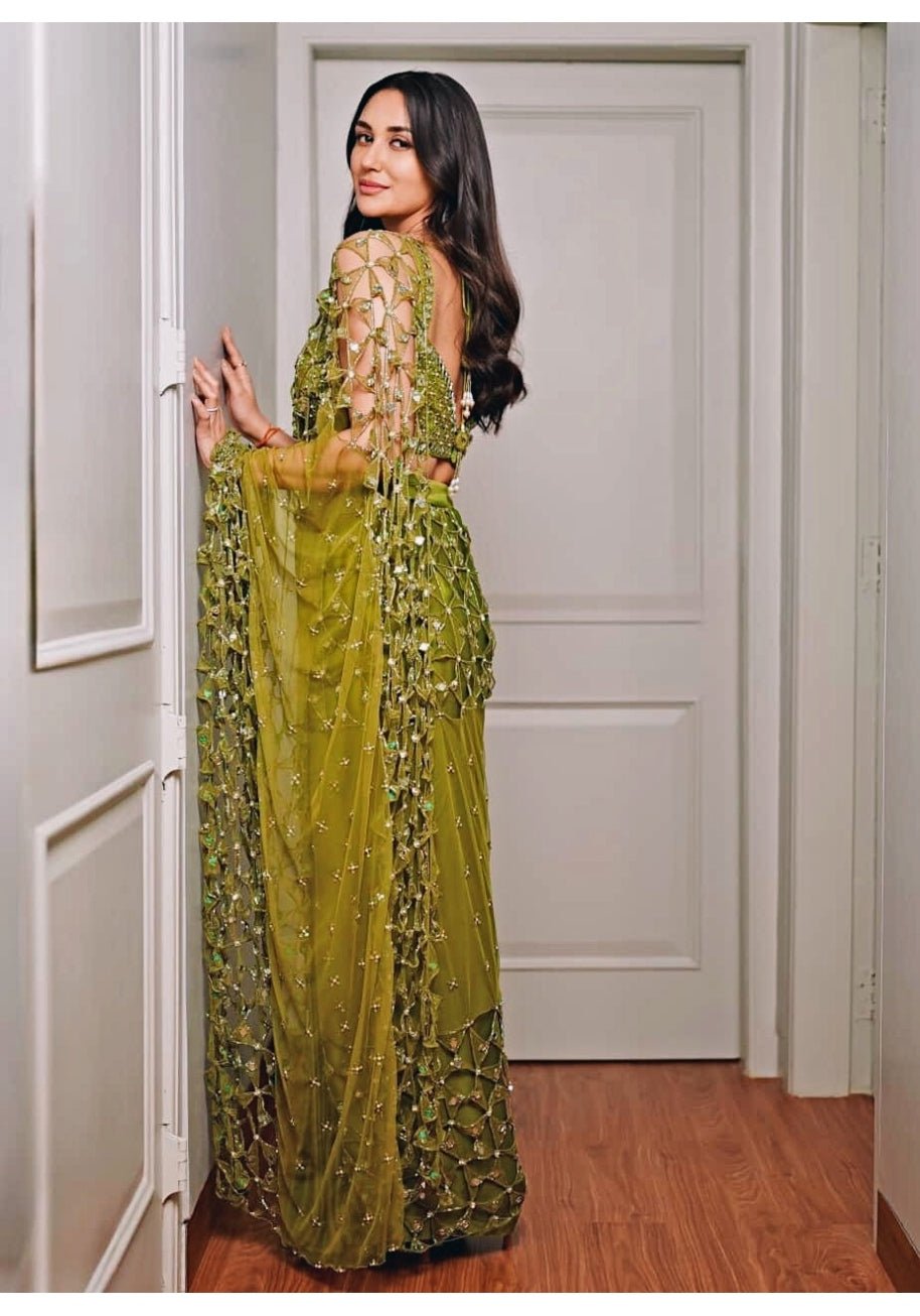 Mehendi Green Pre Draped Georgette Jaalwork Saree Quench A Thirst - Fabilicious Fashion