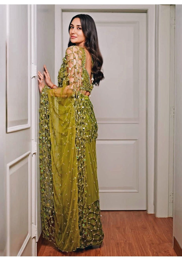 Mehendi Green Pre Draped Georgette Jaalwork Saree Quench A Thirst - Fabilicious Fashion