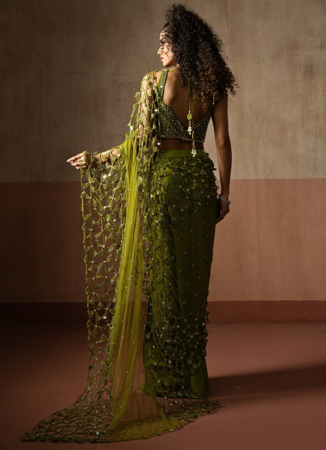 Mehendi Green Pre Draped Georgette Jaalwork Saree Quench A Thirst - Fabilicious Fashion