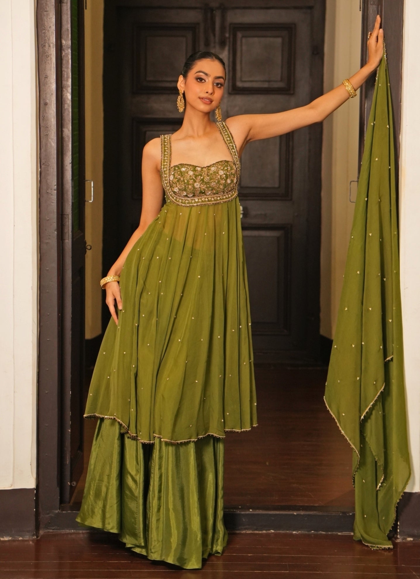Mehendi green silk anarkali set with sharara for receptions UK by Enamour