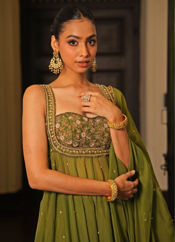 Mehendi Green Silk Anarkali Set With Sharara Enamour by Radha - Fabilicious Fashion