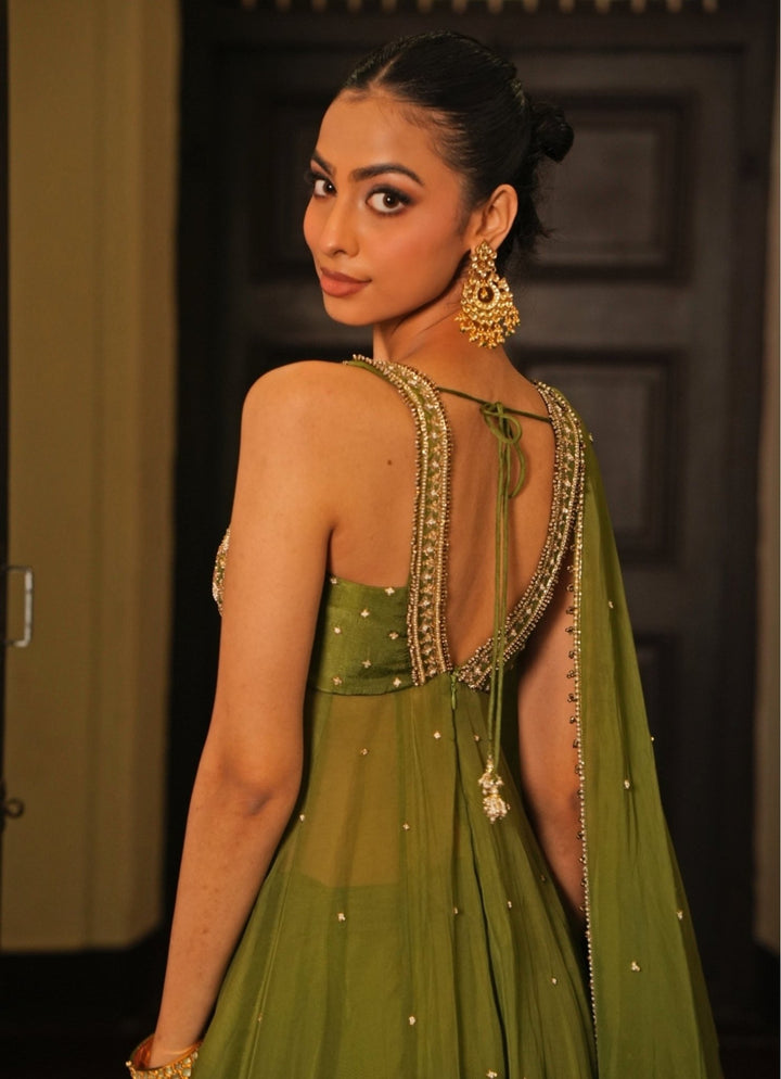 Mehendi Green Silk Anarkali Set With Sharara Enamour by Radha - Fabilicious Fashion