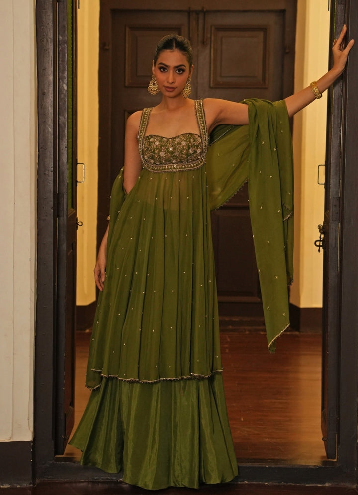 Mehendi Green Silk Anarkali Set With Sharara Enamour by Radha - Fabilicious Fashion