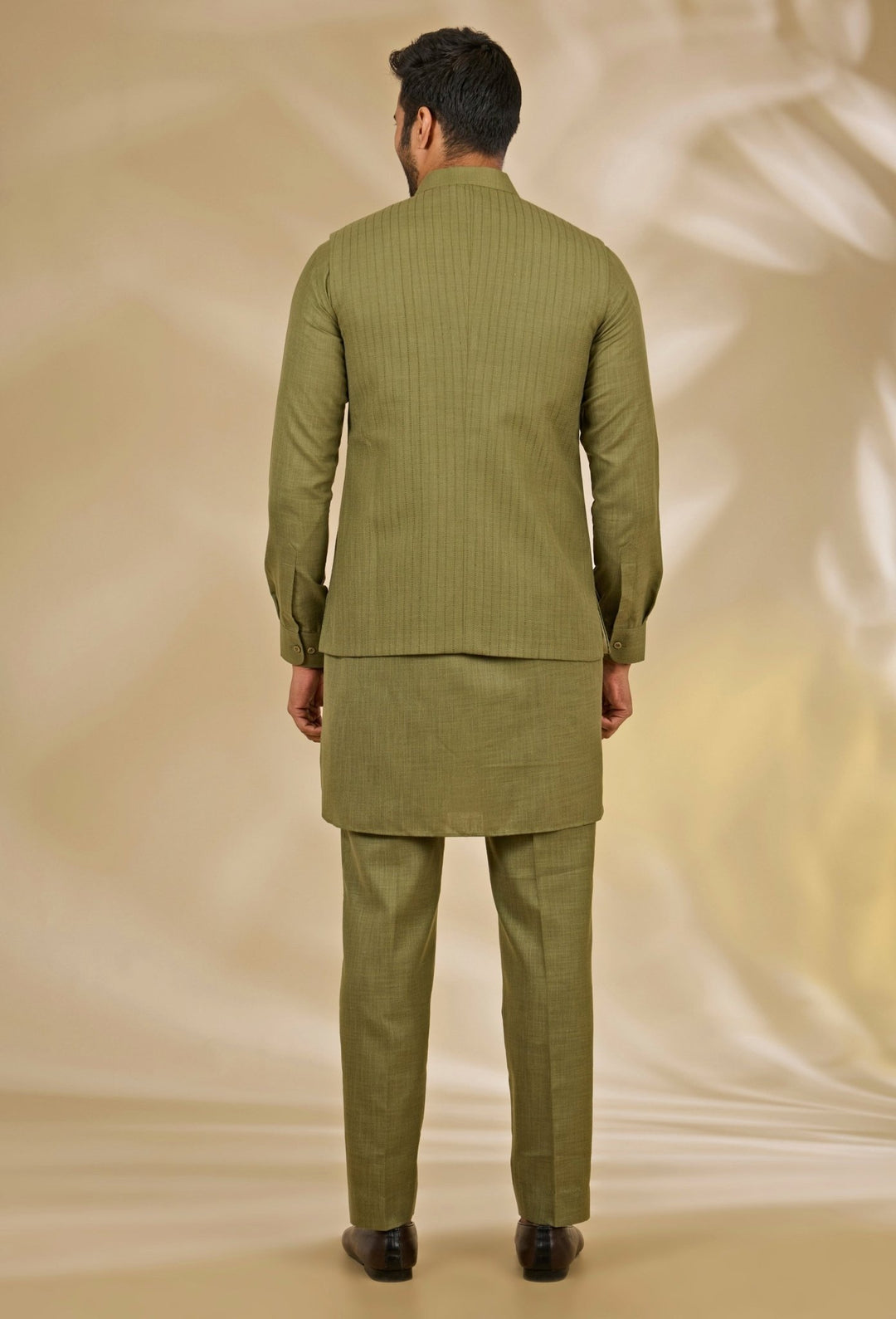 Manish Nagdeo Men Mehendi Green Silk Bundi SetFabilicious Fashion