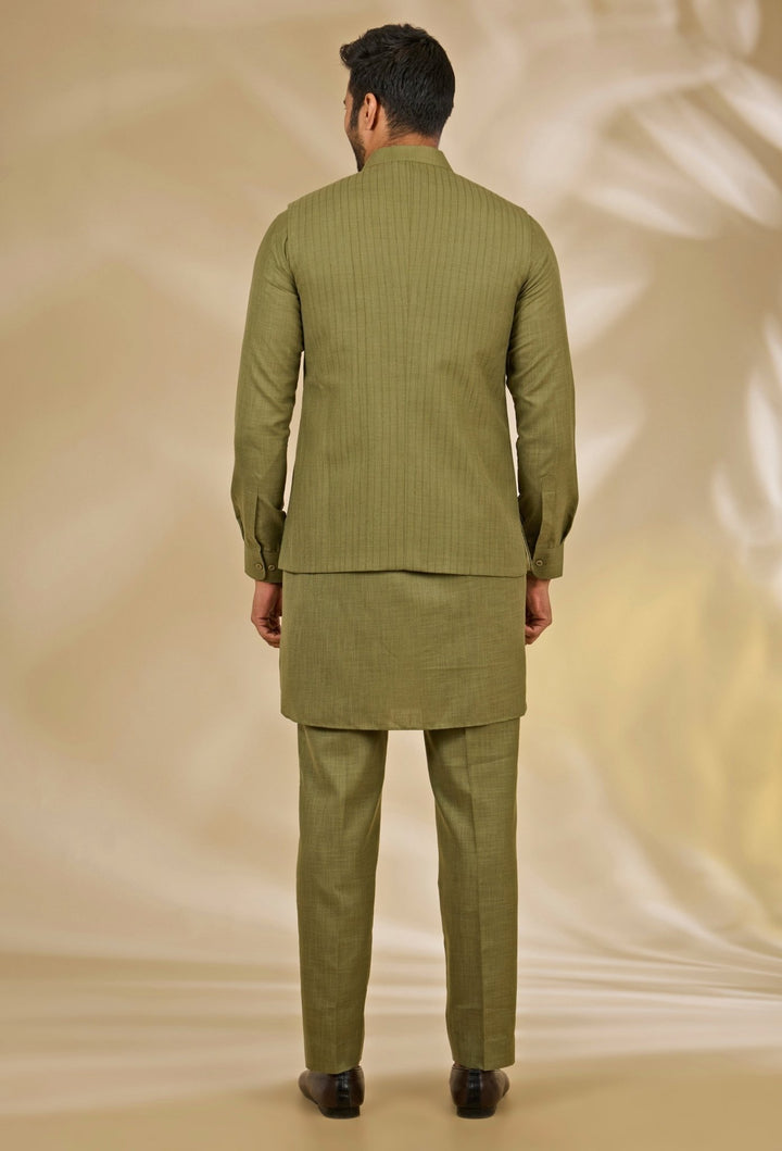 Manish Nagdeo Men Mehendi Green Silk Bundi SetFabilicious Fashion