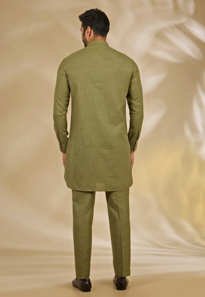 Manish Nagdeo Men Mehendi Green Silk Bundi SetFabilicious Fashion
