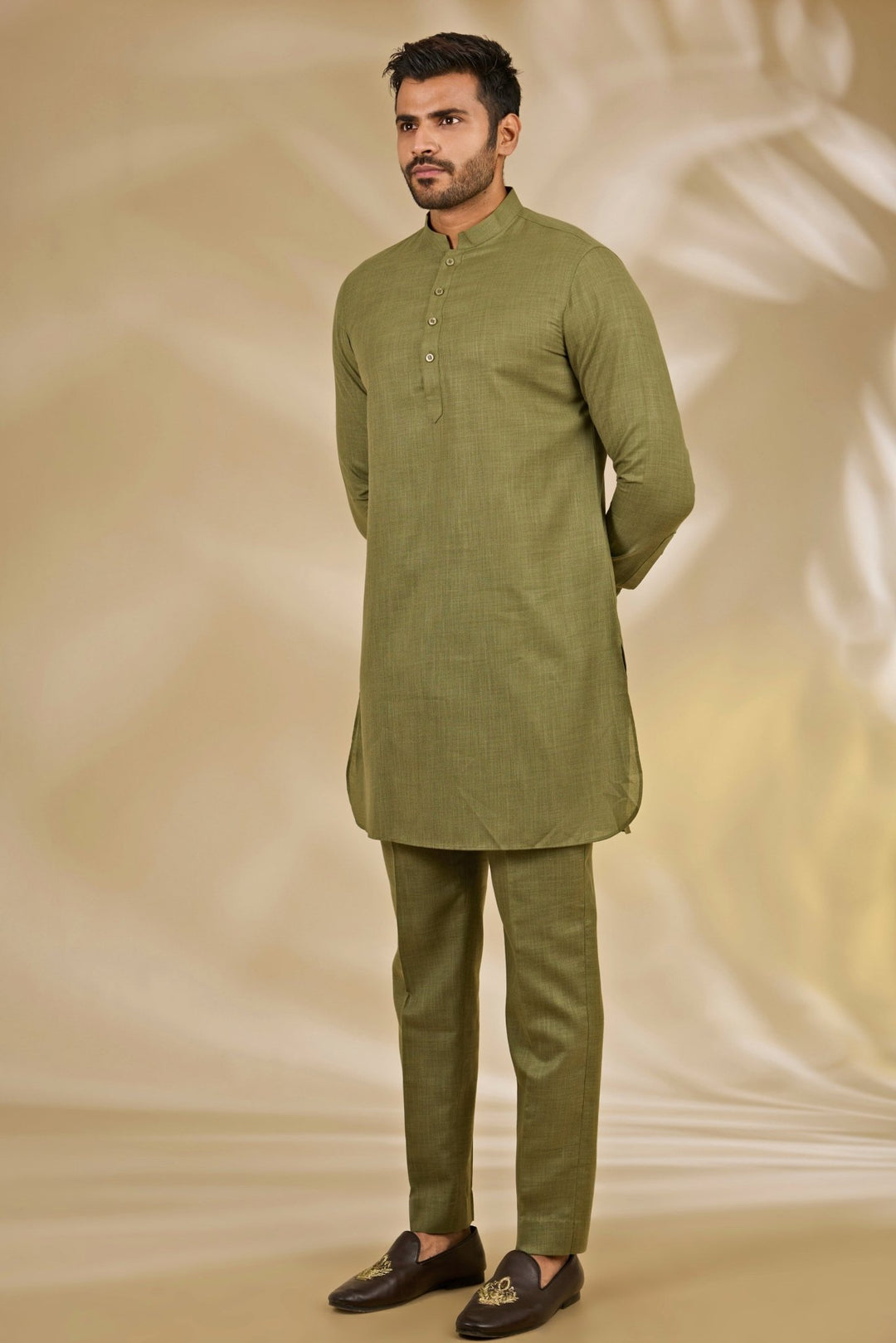 Manish Nagdeo Men Mehendi Green Silk Bundi SetFabilicious Fashion