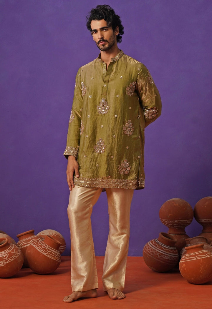 Mehendi Green Tissue Silk Short Kurta Set Kalpraag - Fabilicious Fashion