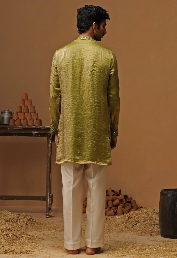 Kalpraag Mehendi Green Tissue Silk Short Kurta SetFabilicious Fashion