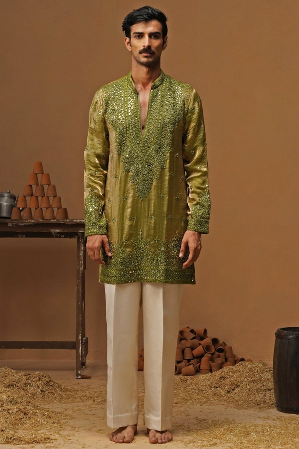 Mehendi green tissue silk short kurta set for men for a mehendi by Kalpraag