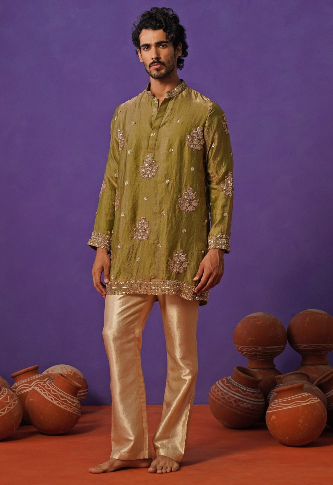 Mehendi Green Tissue Silk Short Kurta Set Kalpraag - Fabilicious Fashion