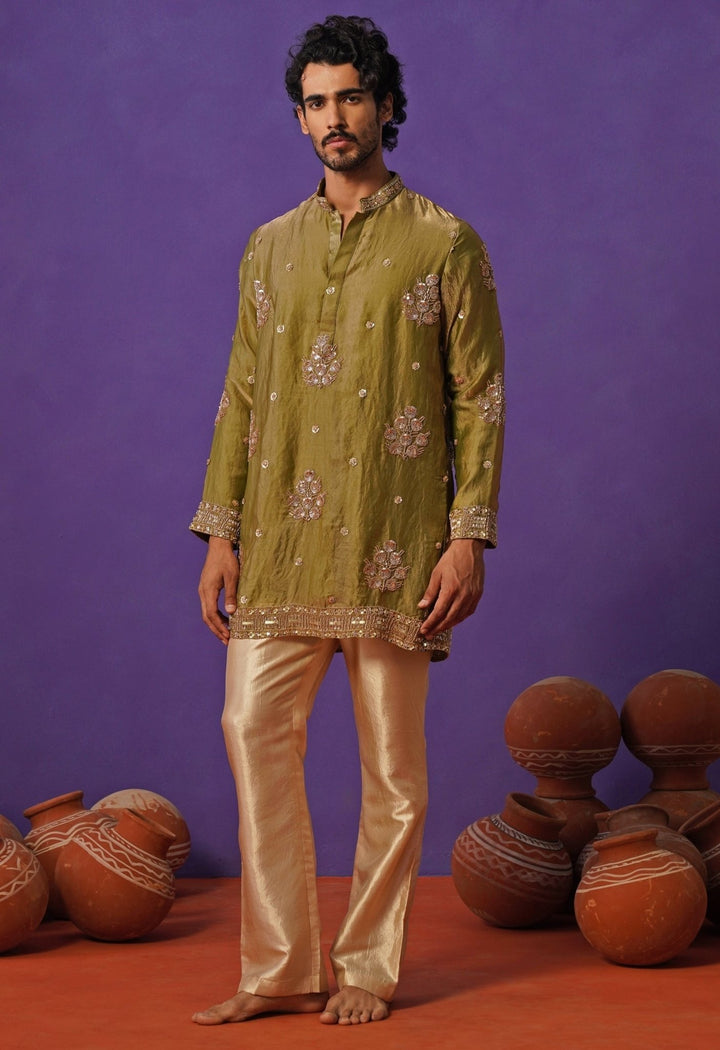 Mehendi Green Tissue Silk Short Kurta Set Kalpraag - Fabilicious Fashion