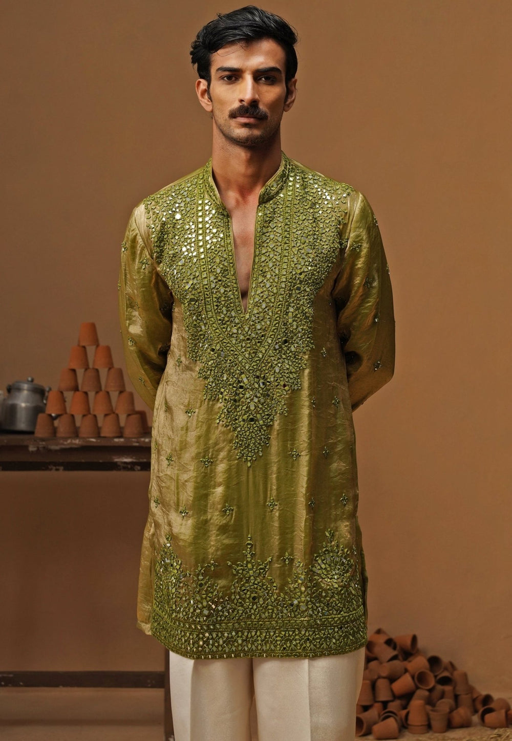 Kalpraag Mehendi Green Tissue Silk Short Kurta SetFabilicious Fashion