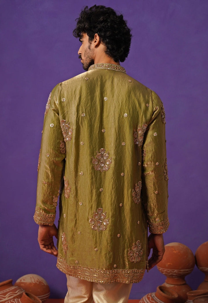 Mehendi Green Tissue Silk Short Kurta Set Kalpraag - Fabilicious Fashion