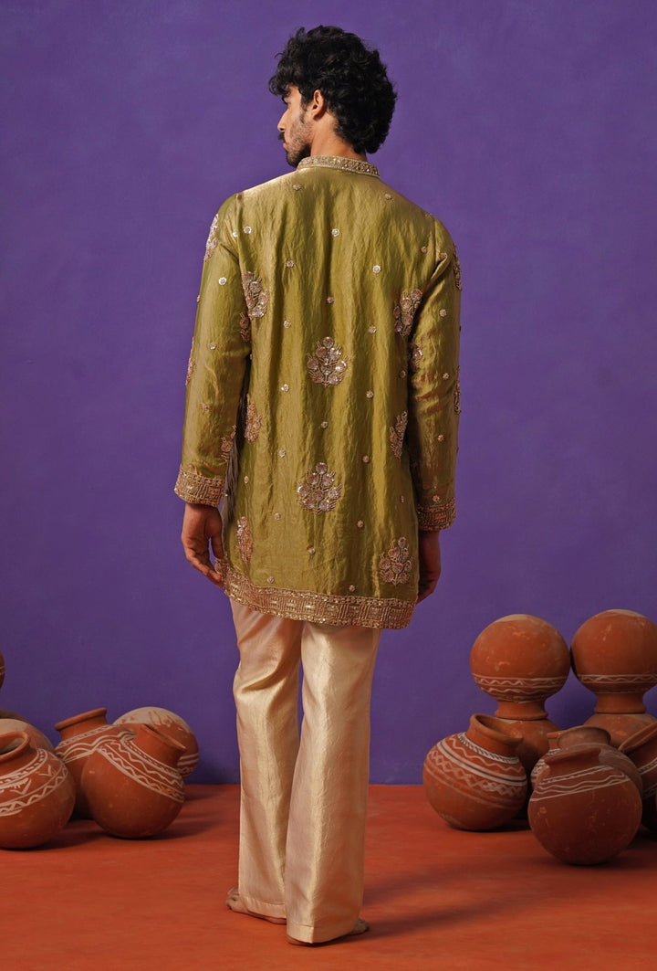 Mehendi Green Tissue Silk Short Kurta Set Kalpraag - Fabilicious Fashion