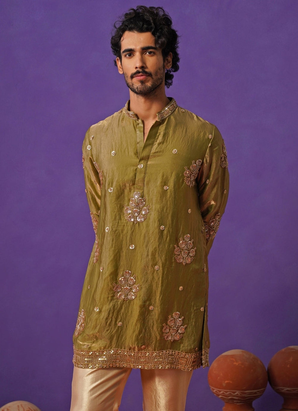 Mehendi Green Tissue Silk Short Kurta Set Kalpraag - Fabilicious Fashion