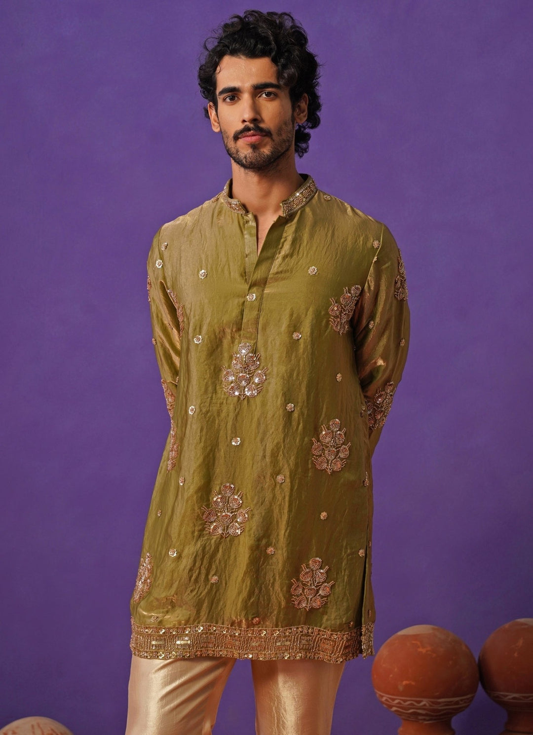 Mehendi Green Tissue Silk Short Kurta Set Kalpraag - Fabilicious Fashion