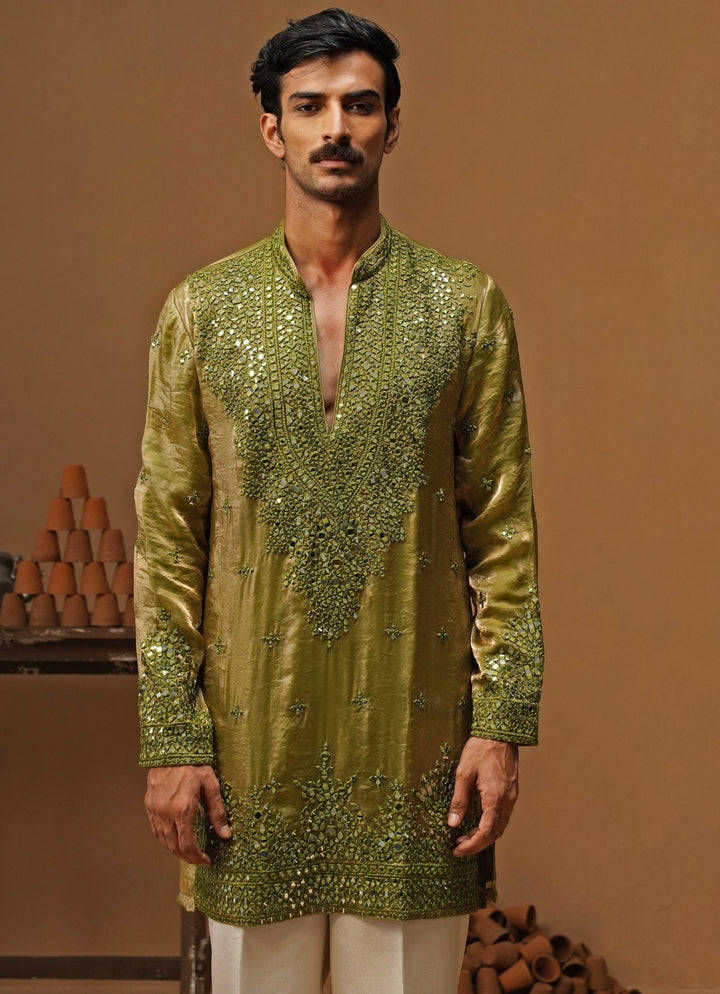 Kalpraag Mehendi Green Tissue Silk Short Kurta SetFabilicious Fashion
