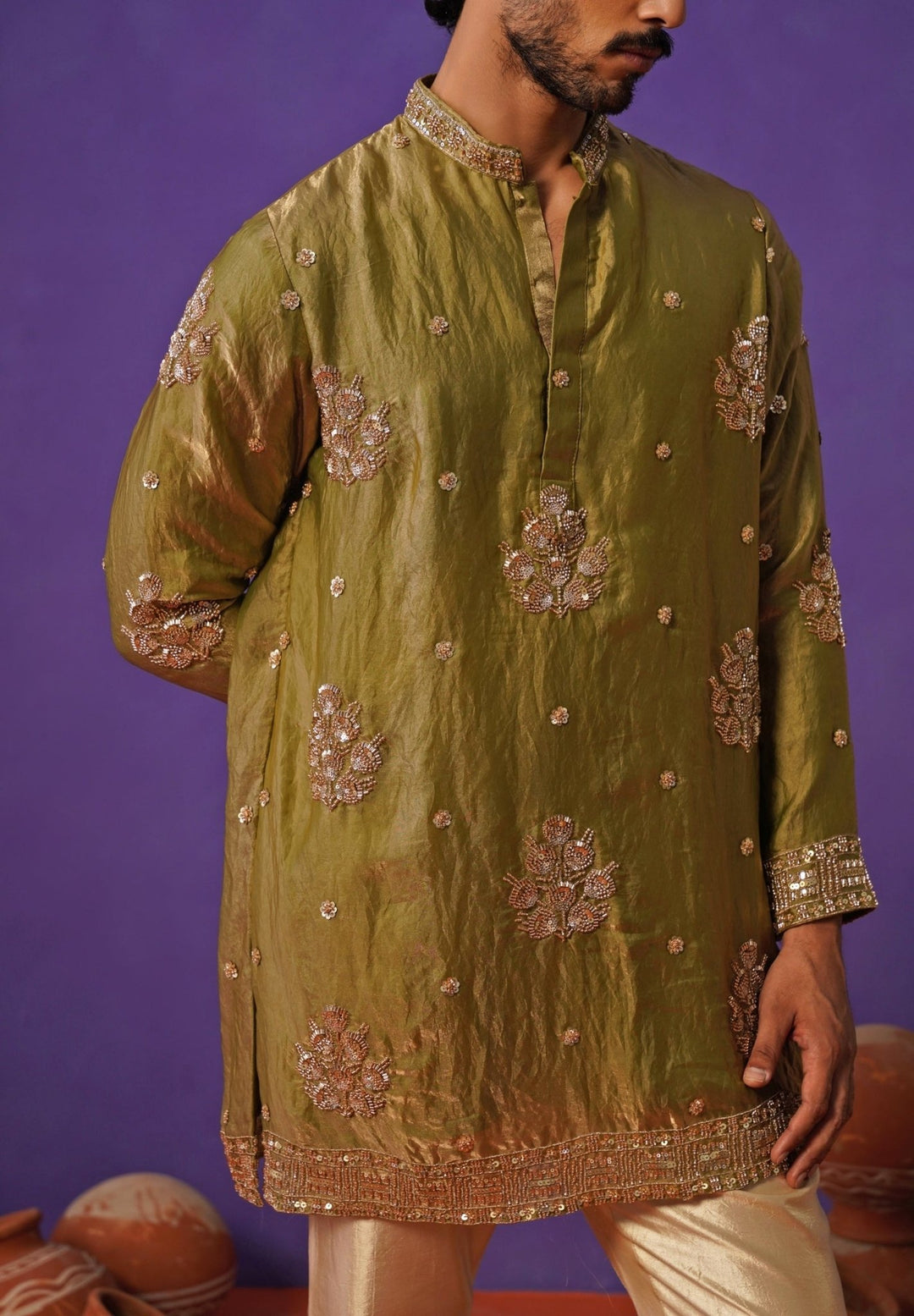 Mehendi Green Tissue Silk Short Kurta Set Kalpraag - Fabilicious Fashion
