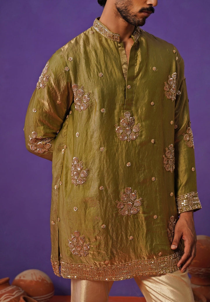 Mehendi Green Tissue Silk Short Kurta Set Kalpraag - Fabilicious Fashion