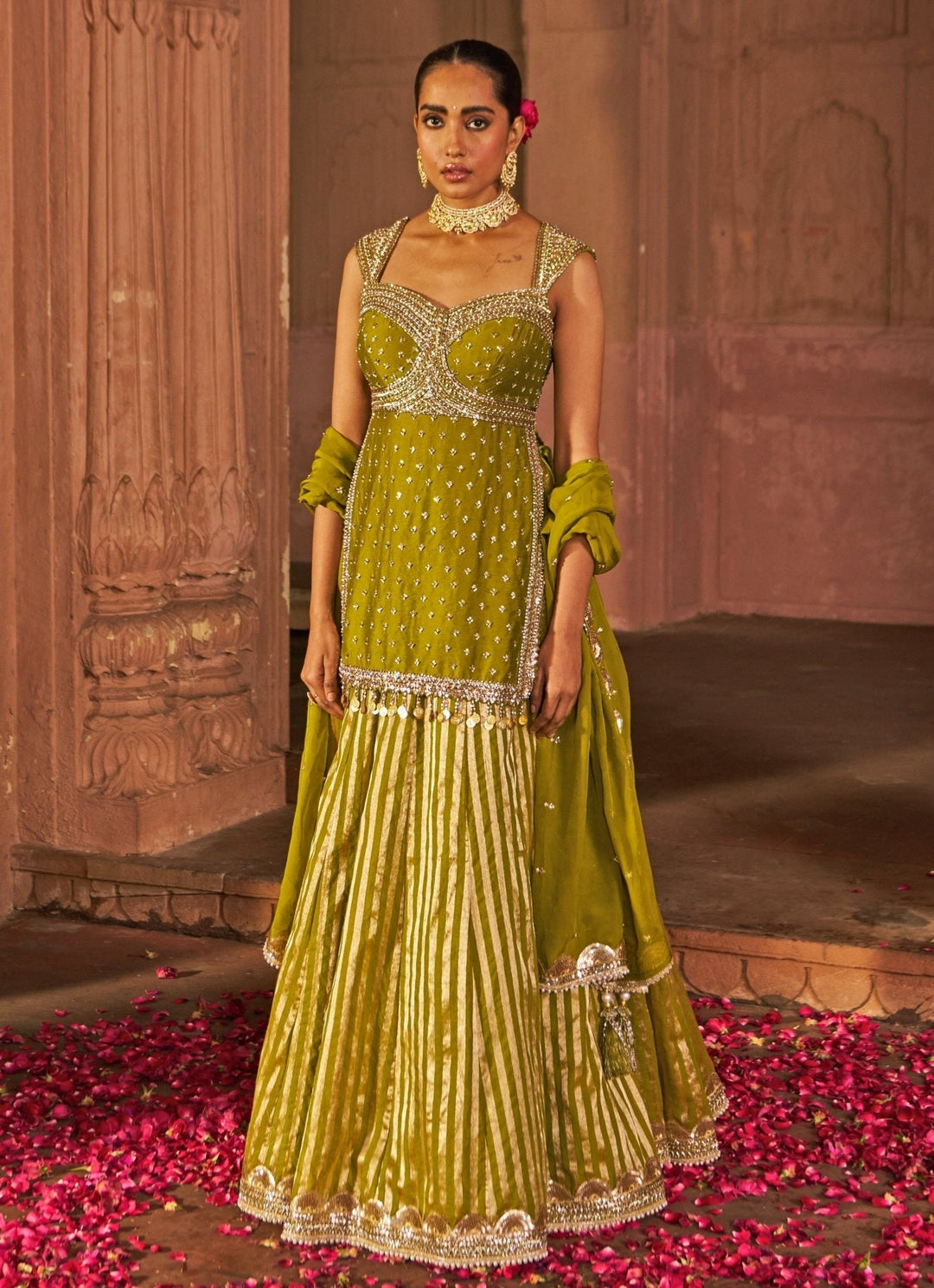 Mehndi Green Embroidered Chanderi Kurta Lehenga Set Nidhika Shekhar - Fabilicious Fashion