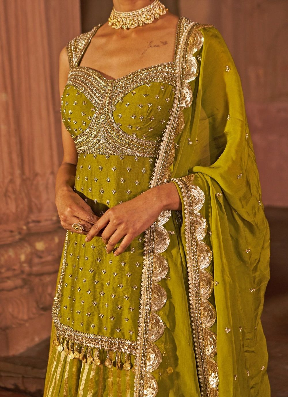 Mehndi Green Embroidered Chanderi Kurta Lehenga Set Nidhika Shekhar - Fabilicious Fashion