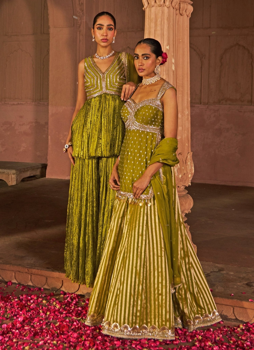 Mehndi Green Embroidered Chanderi Kurta Lehenga Set Nidhika Shekhar - Fabilicious Fashion