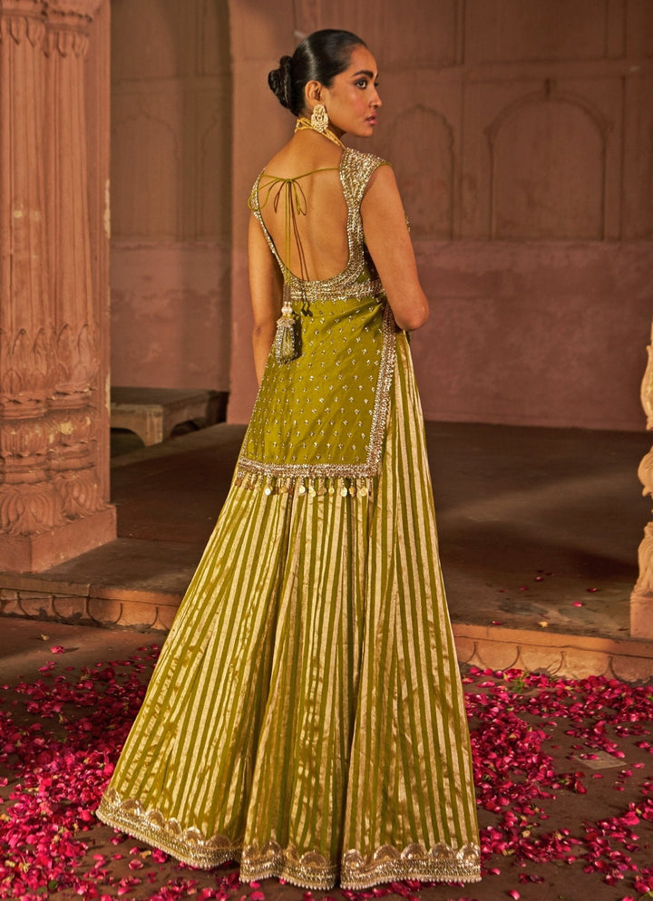 Mehndi Green Embroidered Chanderi Kurta Lehenga Set Nidhika Shekhar - Fabilicious Fashion