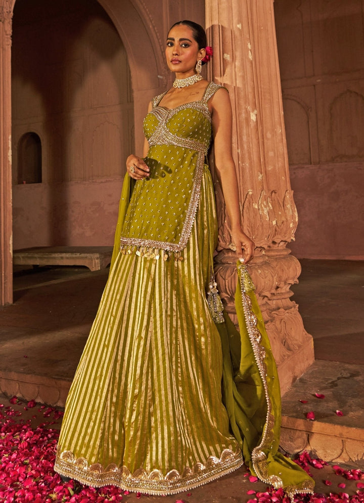 Mehndi Green Embroidered Chanderi Kurta Lehenga Set Nidhika Shekhar - Fabilicious Fashion