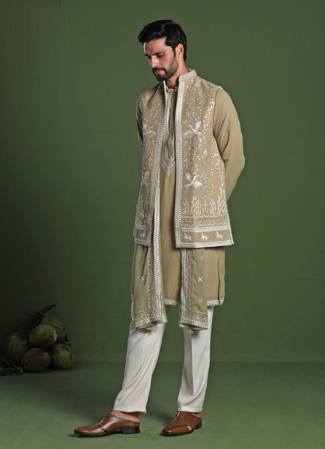 Mehndi Green Embroidered Georgette Kurta Jacket Set Kalpraag - Fabilicious Fashion