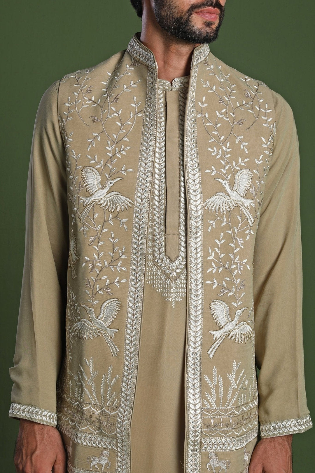 Mehndi Green Embroidered Georgette Kurta Jacket Set Kalpraag - Fabilicious Fashion