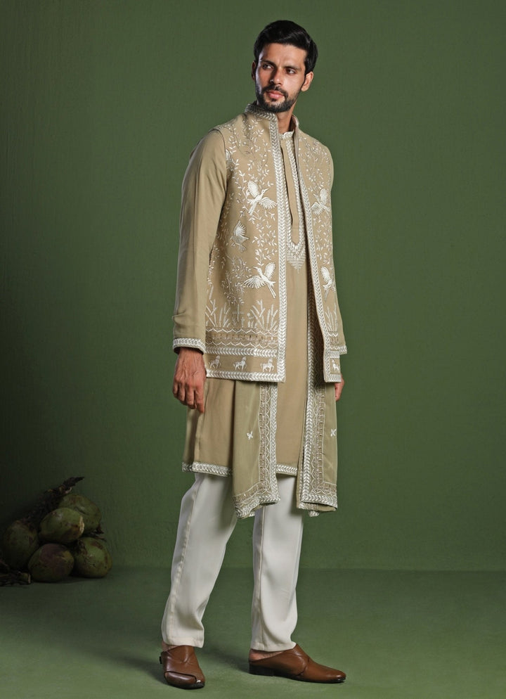 Mehndi Green Embroidered Georgette Kurta Jacket Set Kalpraag - Fabilicious Fashion