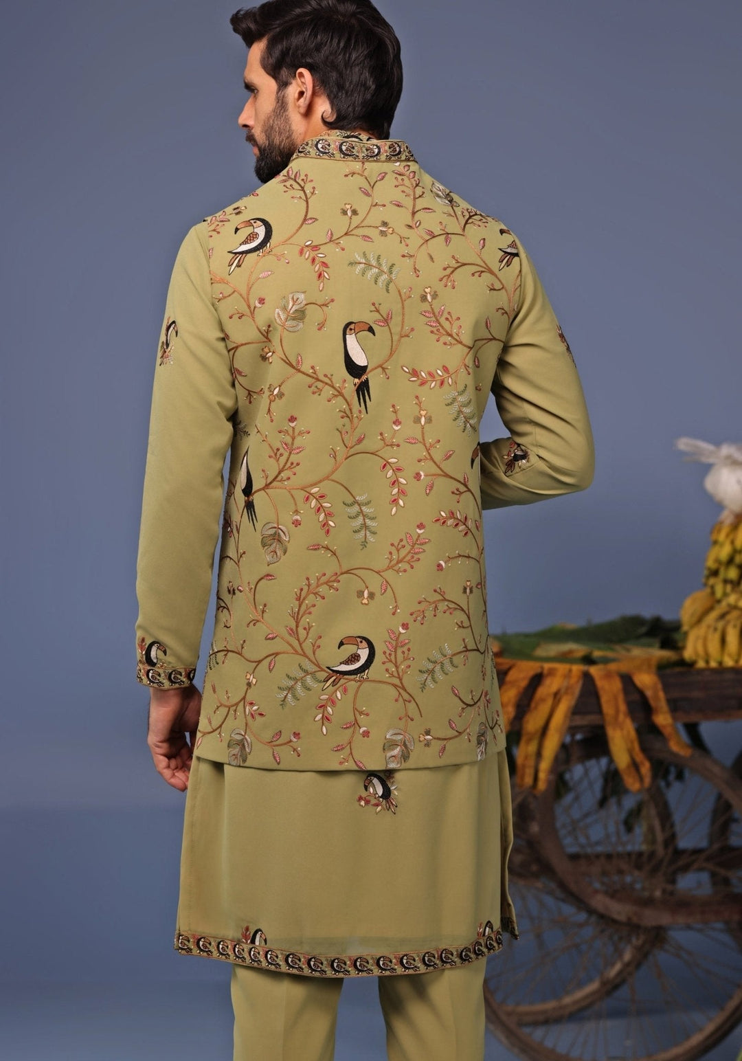 Mehndi Green Kurta Pant Set with Thread Embroidered Jacket Kalpraag - Fabilicious Fashion