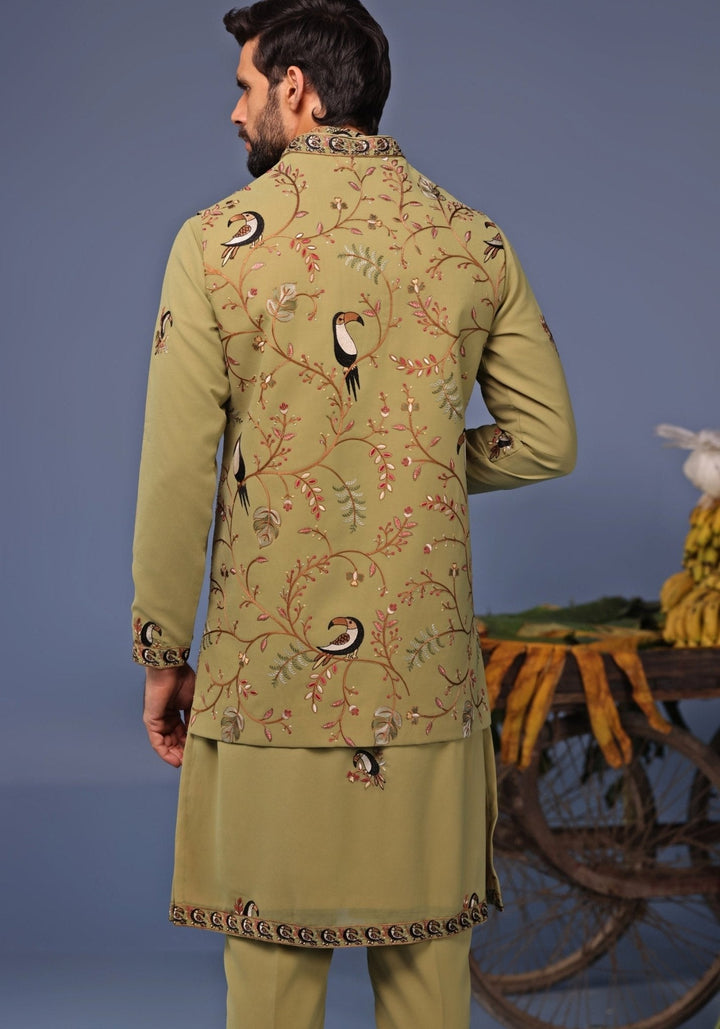 Mehndi Green Kurta Pant Set with Thread Embroidered Jacket Kalpraag - Fabilicious Fashion