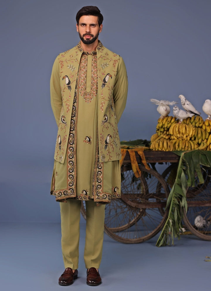 Mehndi Green Kurta Pant Set with Thread Embroidered Jacket Kalpraag - Fabilicious Fashion