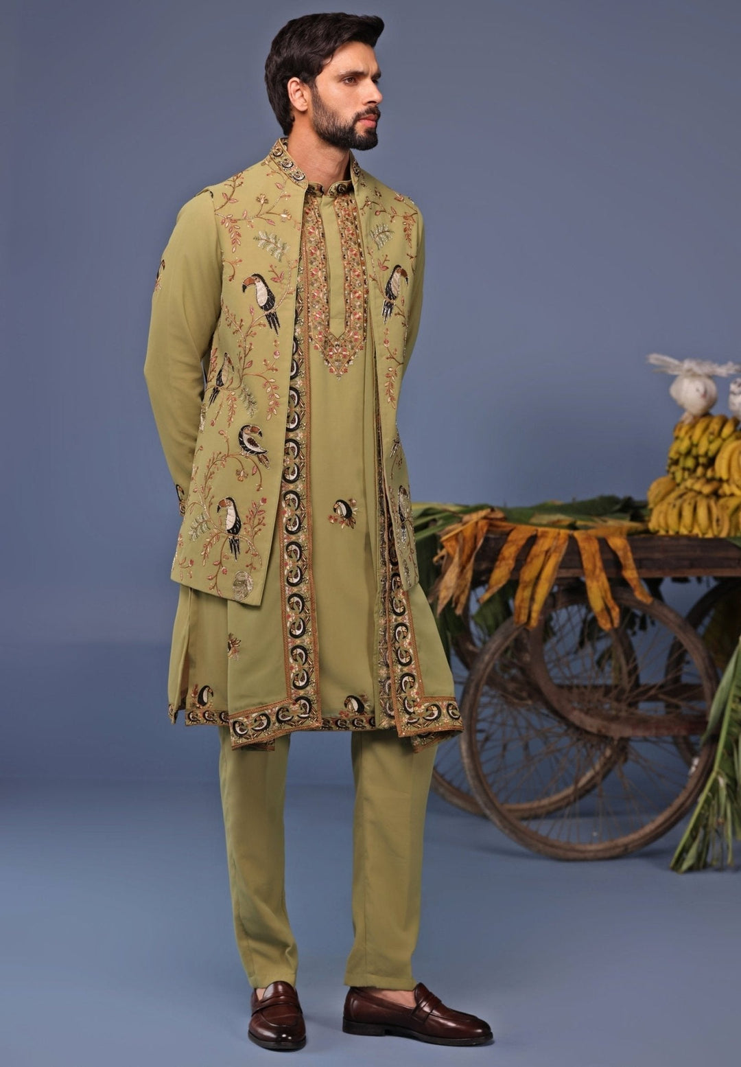 Mehndi Green Kurta Pant Set with Thread Embroidered Jacket Kalpraag - Fabilicious Fashion