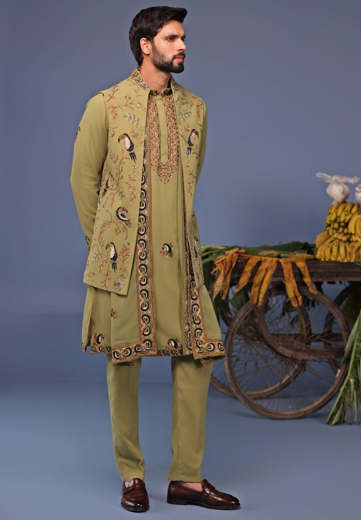 Mehndi Green Kurta Pant Set with Thread Embroidered Jacket Kalpraag - Fabilicious Fashion