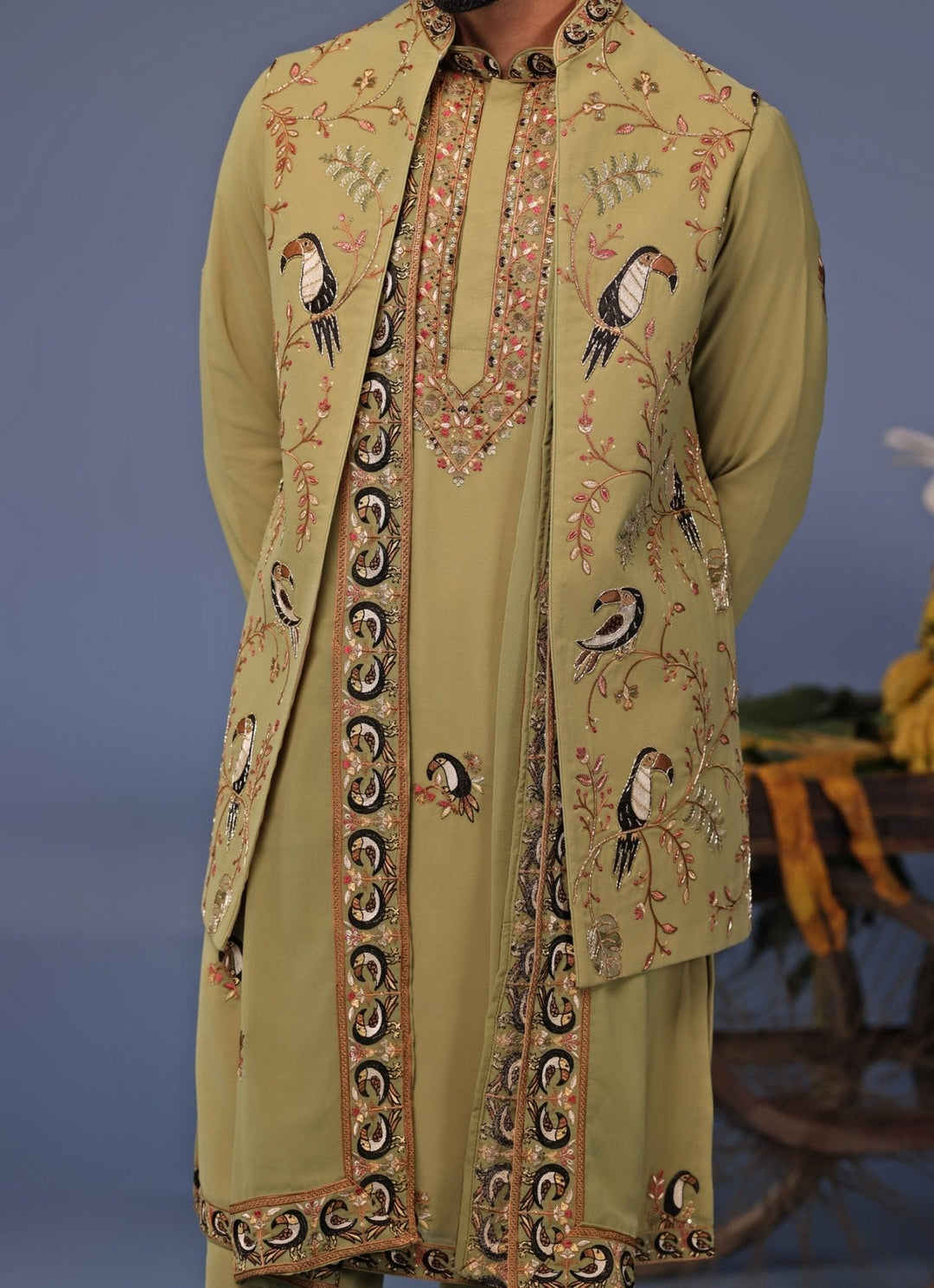 Mehndi Green Kurta Pant Set with Thread Embroidered Jacket Kalpraag - Fabilicious Fashion