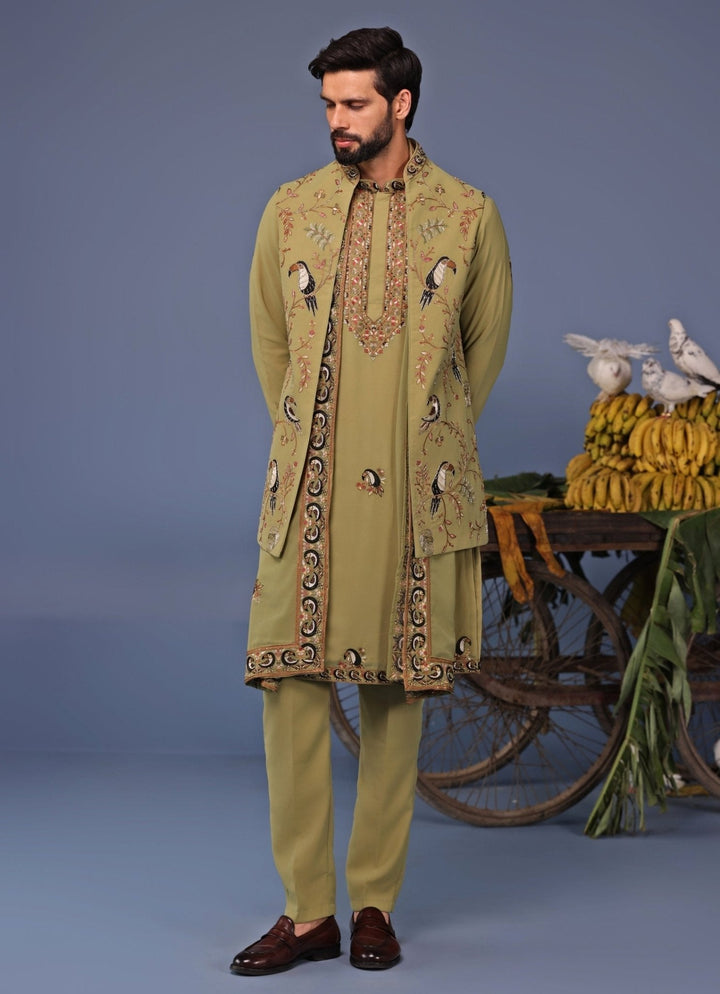 Mehndi Green Kurta Pant Set with Thread Embroidered Jacket Kalpraag - Fabilicious Fashion