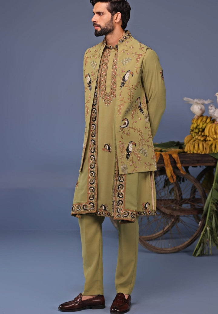 Mehndi Green Kurta Pant Set with Thread Embroidered Jacket Kalpraag - Fabilicious Fashion