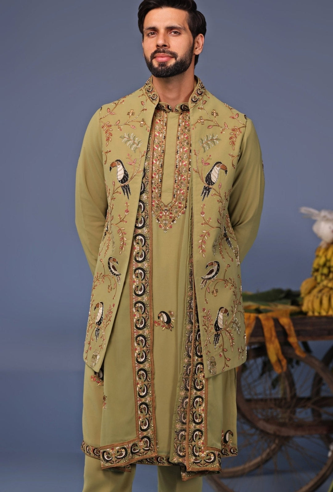 Mehndi Green Kurta Pant Set with Thread Embroidered Jacket Kalpraag - Fabilicious Fashion