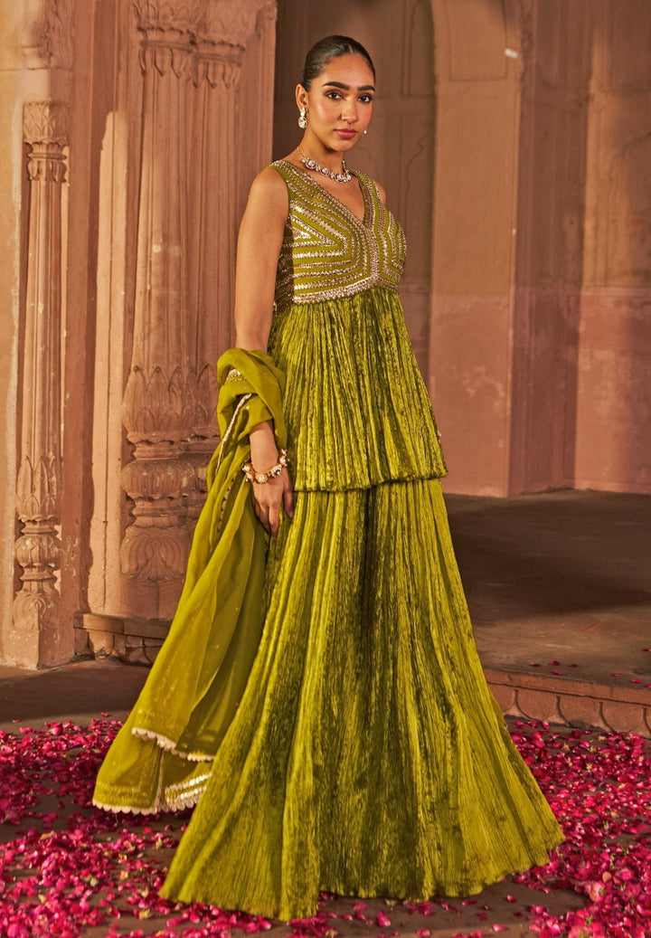 Mehndi Green Peplum Kurta Set With Sharara Nidhika Shekhar - Fabilicious Fashion
