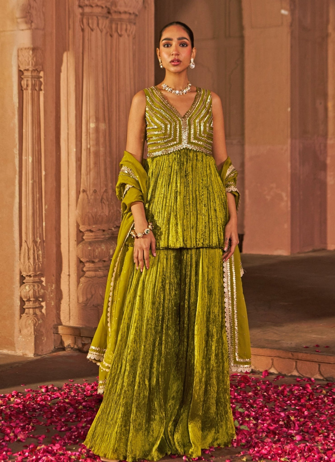 Mehndi Green Peplum Kurta Set With Sharara Nidhika Shekhar - Fabilicious Fashion