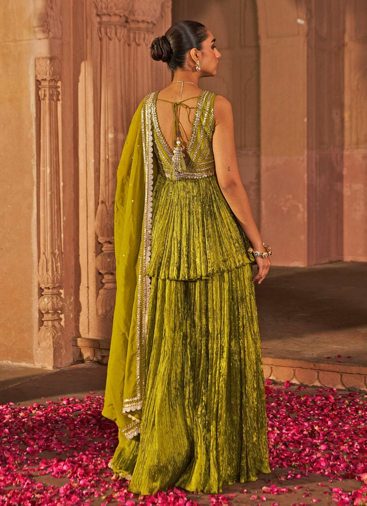 Mehndi Green Peplum Kurta Set With Sharara Nidhika Shekhar - Fabilicious Fashion