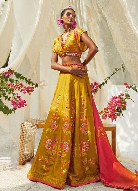 Mehndi Green Printed And Embroidered Lehenga Set Basil Leaf - Fabilicious Fashion