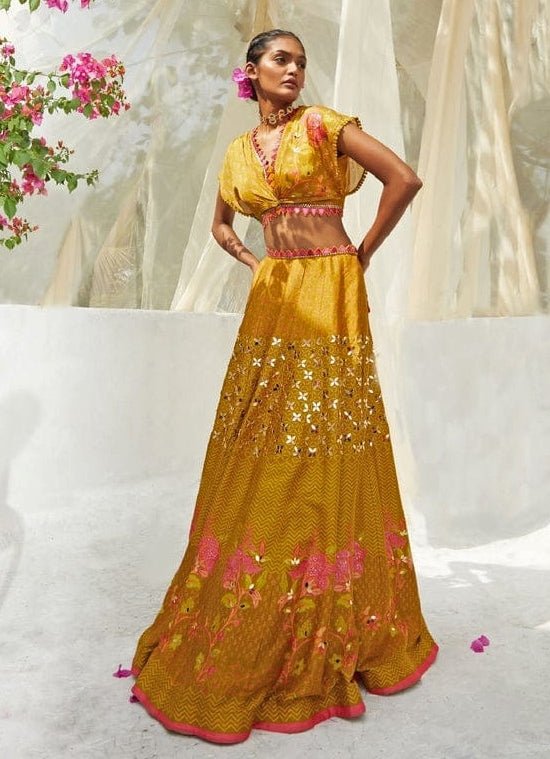 Mehndi Green Printed And Gold Embroidered Lehenga Set Basil Leaf - Fabilicious Fashion
